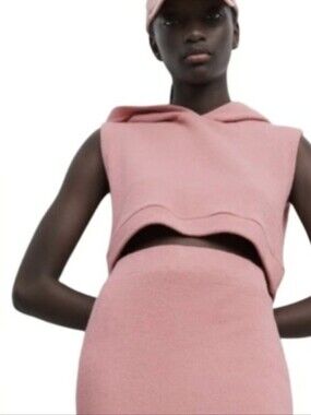 ZARA Hoodie Top Pink Terry Sleeveless Cotton Cropped Large NWT